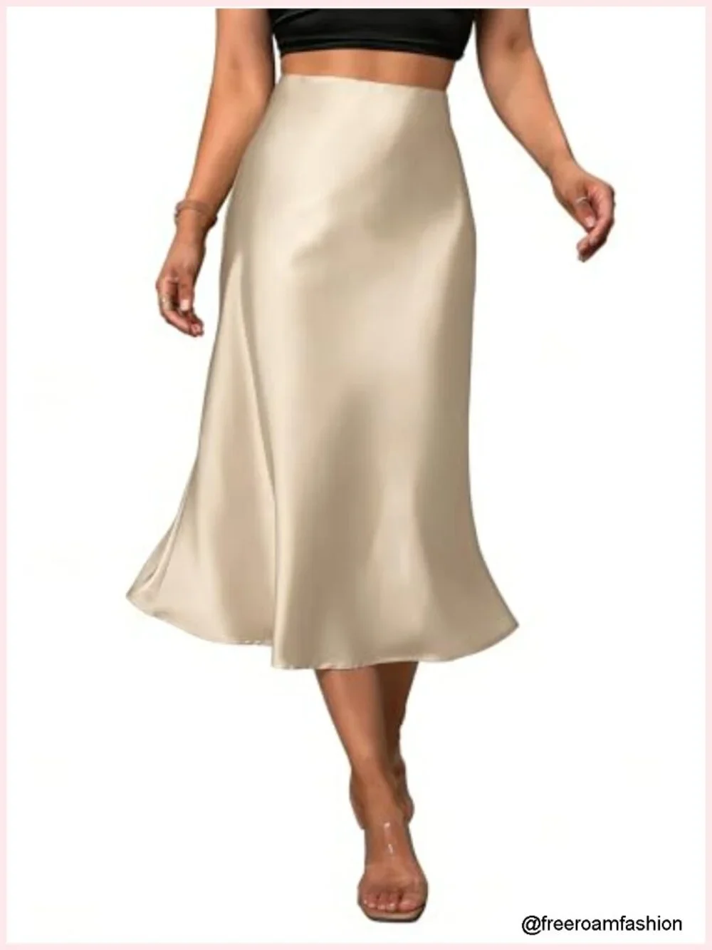 Women's Satin Midi Skirt with Fishtail Hem High Waisted A-Line